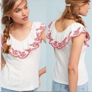 Moulinette Soeurs by Anthropologie White Blouse with Red Embroidery Size S